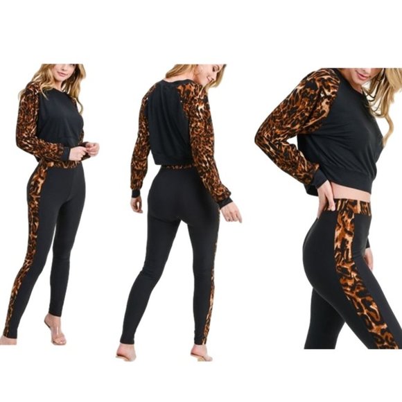 Pants - Set Top Leggings  Print Leopard Black New